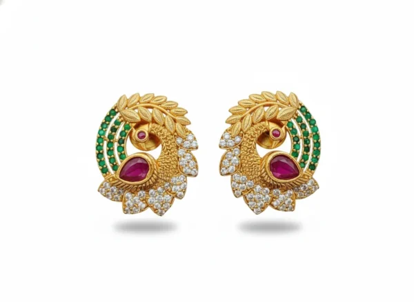 Nandini | Majestic Peacock Kemp Studs in Antique Matte Gold