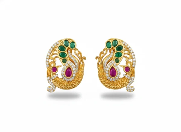 Nandini | Ethnic Peacock Kemp Studs in Antique Matte Gold - GM-ND-EAR-003-A