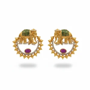 Nandini | Antique Matte Gold Elephant Earrings with Ruby & Emerald Accents