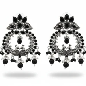 Boho Club | Twin Peacock "Mayur" Motif Chandelier Earrings in Oxidized Silver