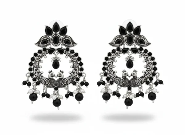 Boho Club | Twin Peacock "Mayur" Motif Chandelier Earrings in Oxidized Silver