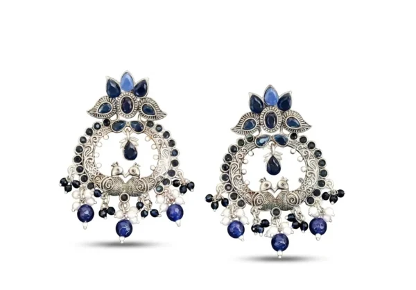 Twin Peacock "Mayur" Motif Chandelier Earrings in Oxidized Silver