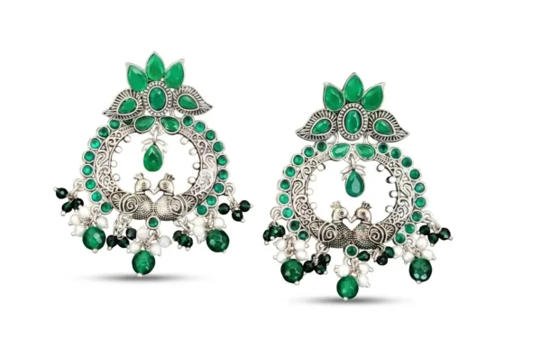 Boho Club | Twin Peacock "Mayur" Motif Chandelier Earrings in Oxidized Silver