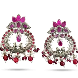 Twin Peacock "Mayur" Motif Chandelier Earrings in Oxidized Silver