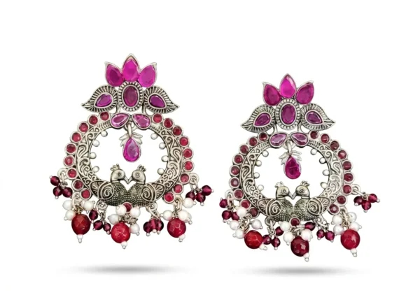 Twin Peacock "Mayur" Motif Chandelier Earrings in Oxidized Silver